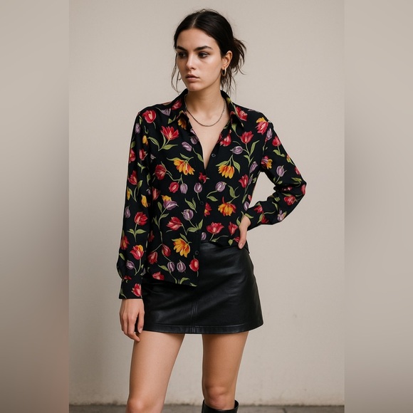 Vintage indie sleeze 100% Silk Tulip Floral Button Down - Picture 1 of 11